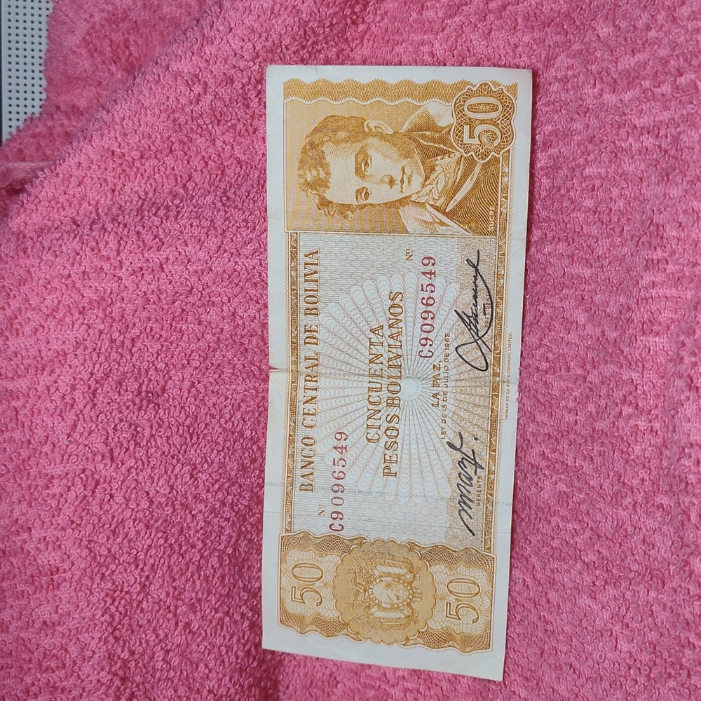 Vintage 50 Pesos Bolivianos Banknote -n and White